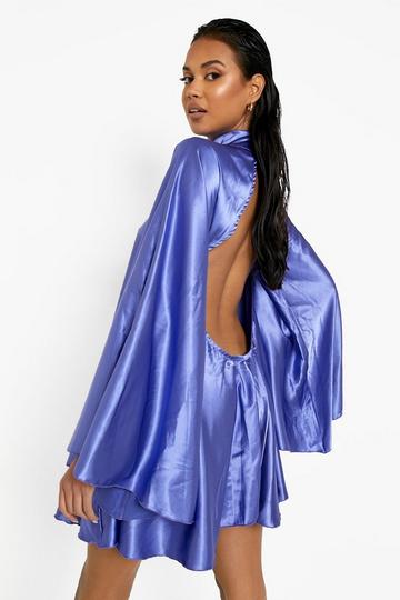 Blue Satin Extreme Flared Sleeve Mini Party Dress