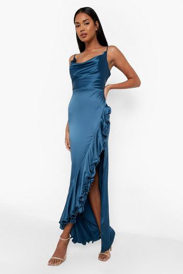 Satin Cowl Neck Ruffle Maxi Dress teal