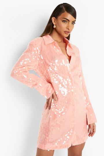 Sequin Split Cuff Power Shoulder Shirt Party Dress peach