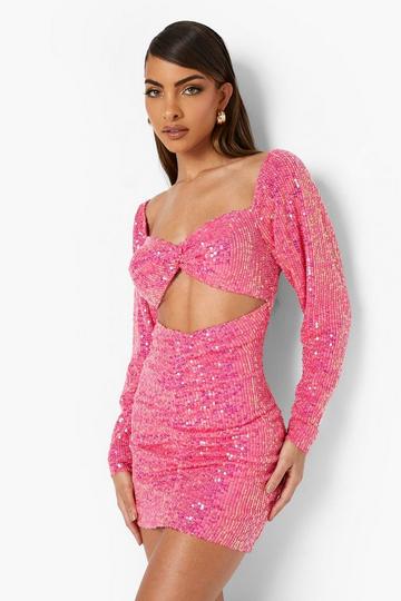 Sequin Cut Out Twist Mini Party Dress hot pink