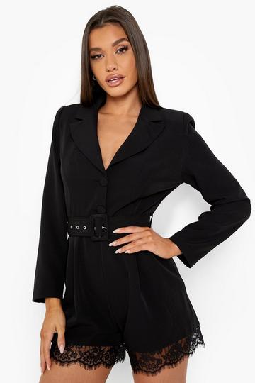 Lace Trim Belted Blazer Playsuit black