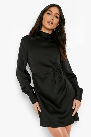 Black Satin High Neck Twist Shift Dress