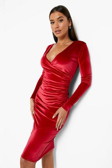 Red Velvet Wrap Long Sleeve Midi Party Dress