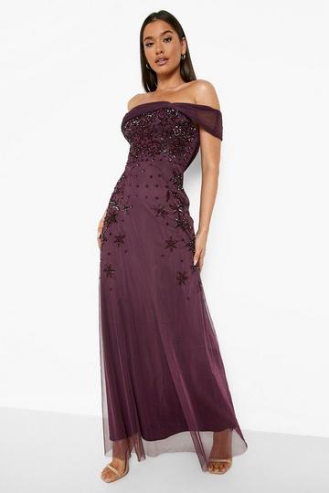 Hand Embellished Bow Detail Maxi Dress berry