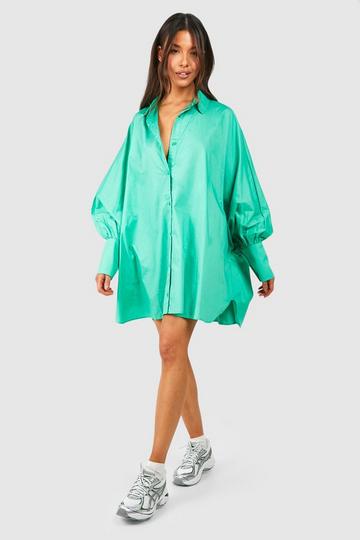 Green Oversized Batwing Balloon Sleeve Shirt Dress