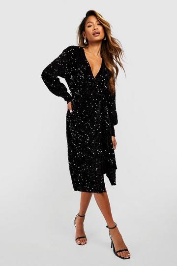 Sequin Wrap Belted Midi Party Dress black