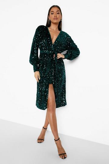 Green Sequin Wrap Belted Midi Party Dress