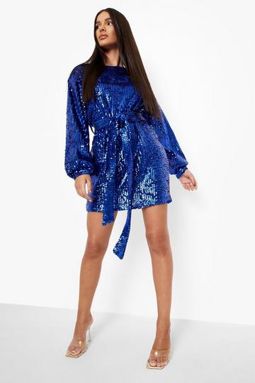 Sequin Belted Blouson Sleeve Mini Party Dress cobalt