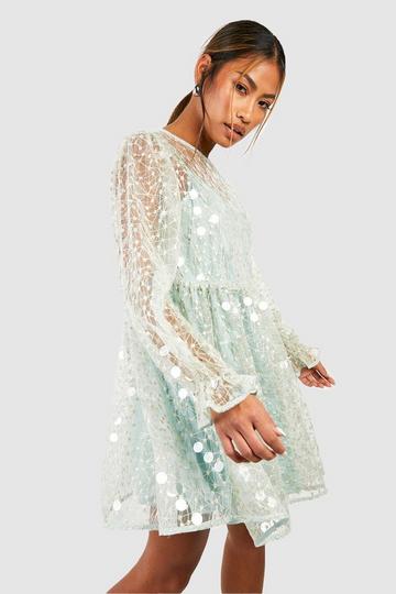 Disk Sequin Blouson Sleeve Smock Party Dress champagne