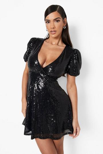 Sequin Puff Sleeve Skater Party Dress black
