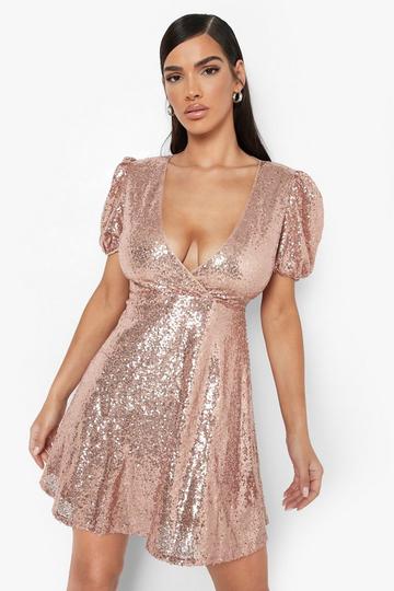 Gold Metallic Sequin Puff Sleeve Skater Party Dress