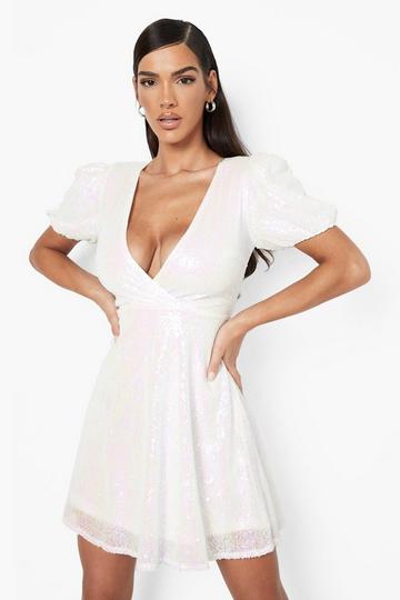 White Sequin Puff Sleeve Skater Party Dress