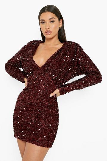 Sequin Kimono Sleeve Plunge Mini Party Dress berry