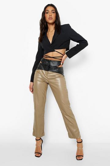 Colour Block Cut Out Leather Look Pu Trouser stone