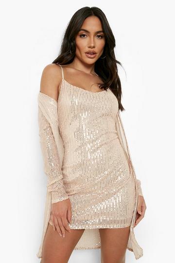 Gold Metallic Sequin Strappy Mini Dress And Duster Set