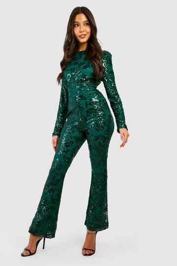 Classy Charisma Emerald Green Jacquard Long Sleeve Jumpsuit