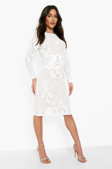 White Damask Sequin Cowl Back Midi Party Dress