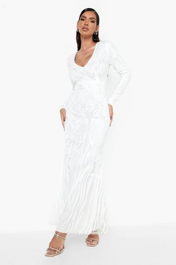 White Damask Sequin Plunge Maxi Party Dress