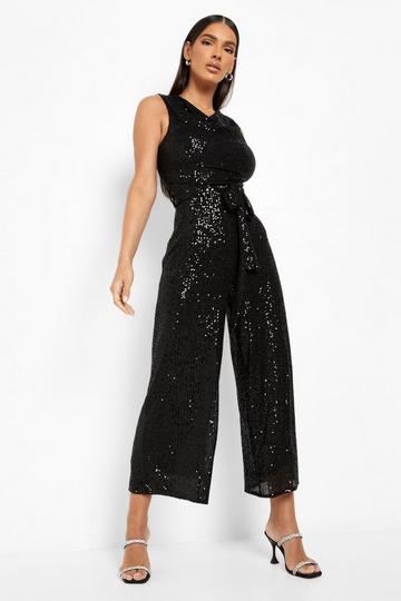 Collective the Label Petite exclusive cut-out fringe sequin jumpsuit in  black