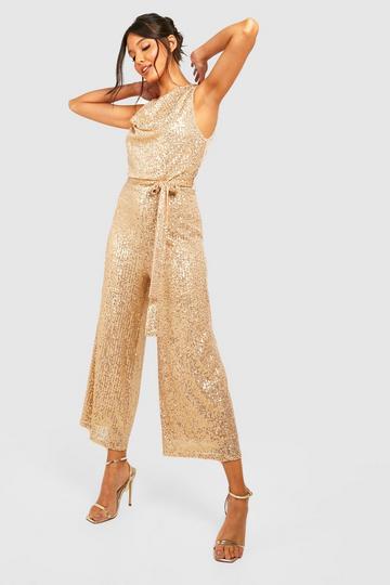 Gold Metallic Sequin Cowl Neck Belted Culotte Jumpsuit