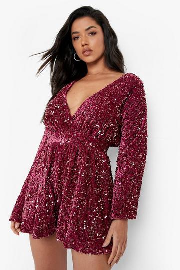 Sequin Flare Sleeve Open Back Playsuit berry