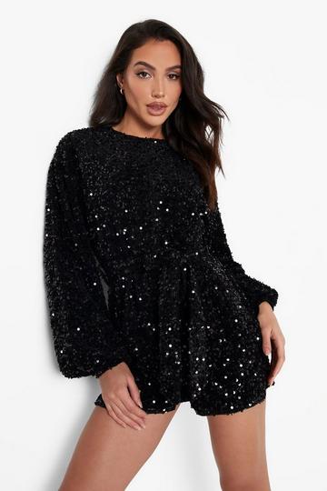 Black Sequin Extreme Sleeve Belted Playsuit