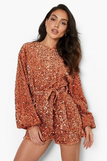 Sequin Extreme Sleeve Belted Playsuit copper