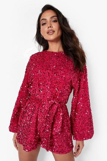 Sequin Extreme Sleeve Belted Playsuit hot pink