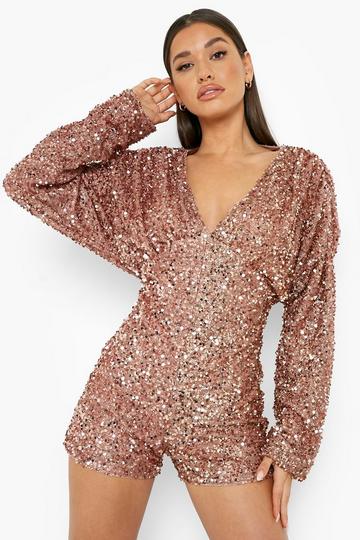 Sequin Plunge Extreme Batwing Playsuit rose