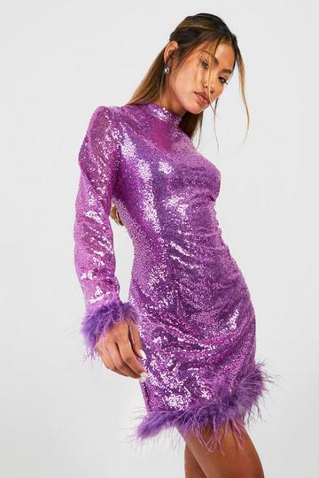 Sequin High Neck Feather Hem Mini Party Dress purple