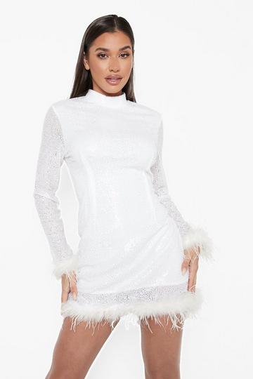 Sequin High Neck Feather Hem Mini Party Dress white