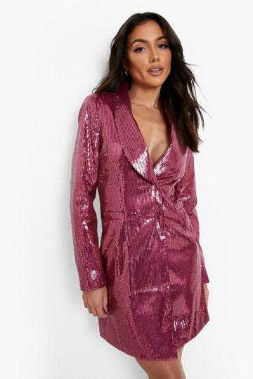 Sequin Long Sleeve Blazer Party Dress hot pink