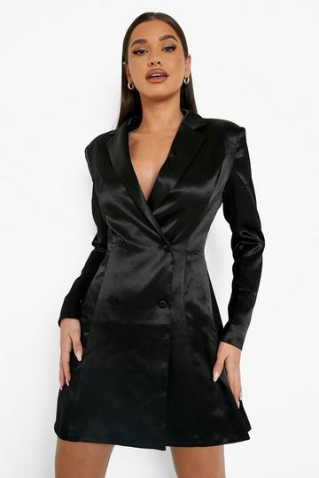 Black Satin Double Breasted Skater Blazer Dress