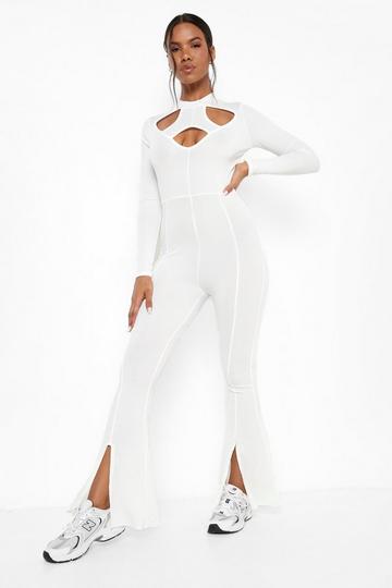 Ribbed Cut Out Detail Split Hem Jumpsuit natural ivory