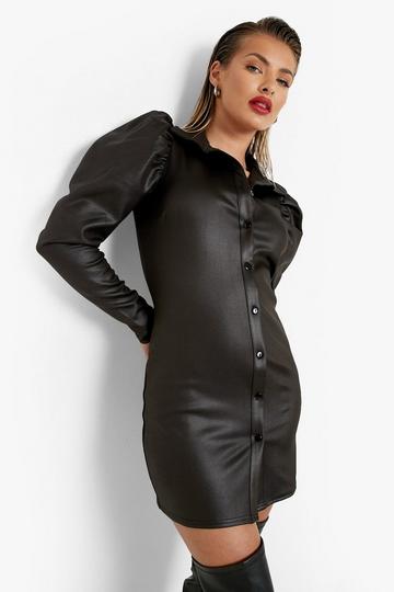 Black Halloween Pu Puff Sleeve Dress