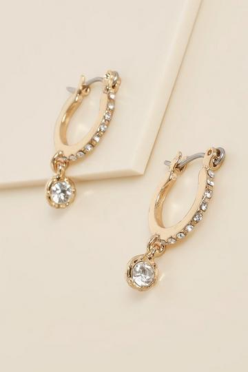 Gold Metallic Diamante Drop Hoop Earrings
