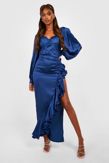 Navy Blue Maxi Silk Satin Dress, Midnight Blue Extra Full Length