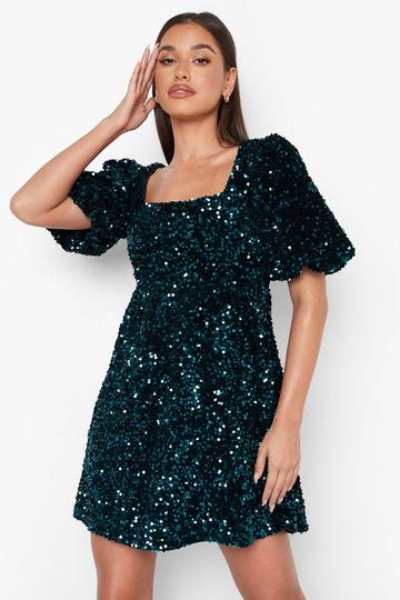 Sequin Puff Sleeve Square Neck Smock Party Dress bottle green