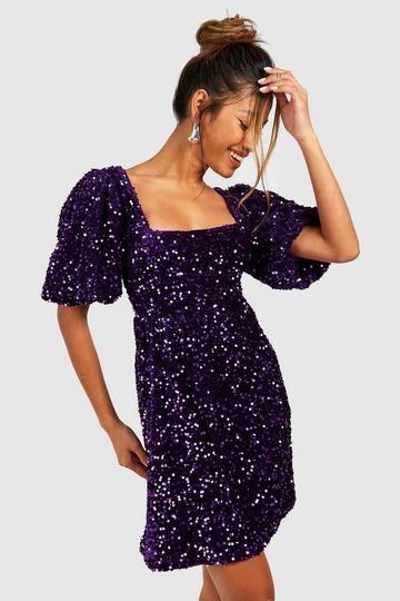 Purple Sequin Puff Sleeve Square Neck Smock Party Dress