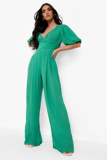 Green Pleated Off The Shoulder Wide Leg Jumpsuit