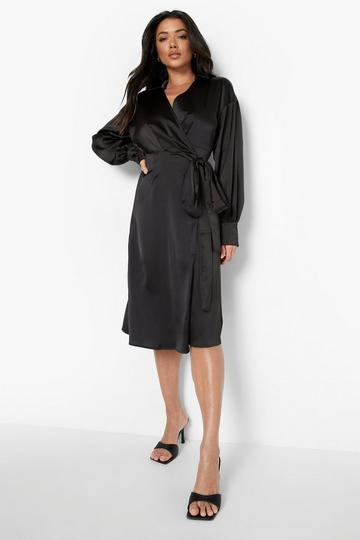 Black Satin Collared Wrap Midi Dress