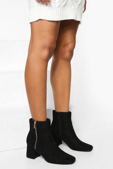 Black Wide Width Zip Detail Block Heel Ankle Boots