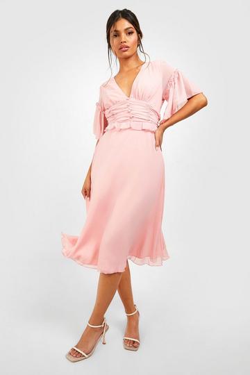 Pleated Ruffle Detail Midi Smock Dress blush