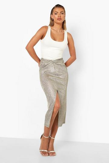 Shimmer Ruched Front Split Midi Skirt grey