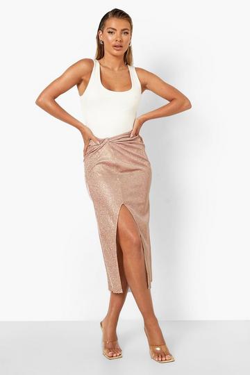 Shimmer Ruched Front Split Midi Skirt pink