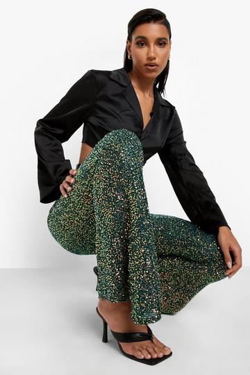 Sequin High Waisted Flared Trousers green