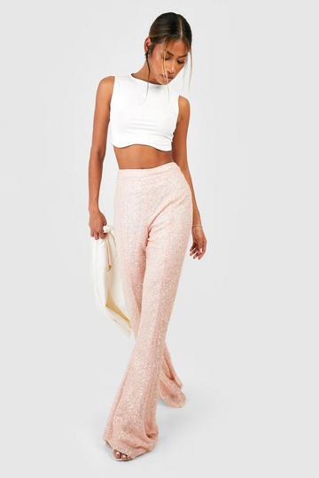 Sequin High Waisted Flared Pants light pink