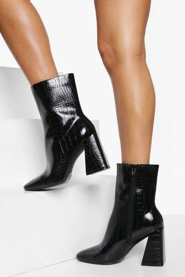 Wide Fit Croc Chunky Block Heel Boots black