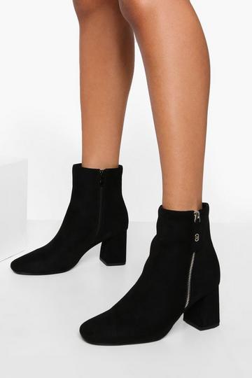 Black Zip Detail Block Heel Ankle Boots