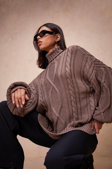 Oversized Cable Roll Neck Jumper mocha
